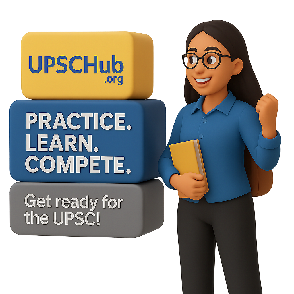 A female UPSC aspirant stands proudly next to blocks that say UPSCHub.org, Practice, Learn, Compete.